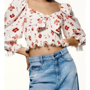 Zara Printed Linen Smocked‎ Floral Crop Blend Top Size Large